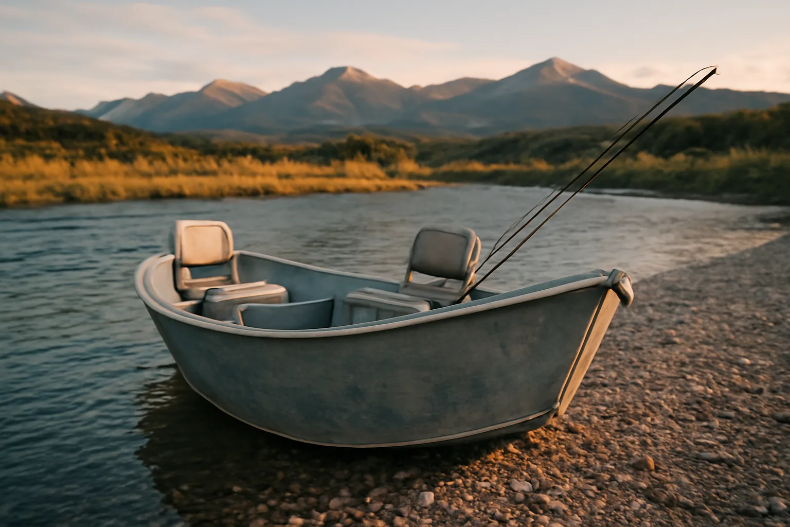 Drift boat on a Colorado river bank at golden hour with mountains behind