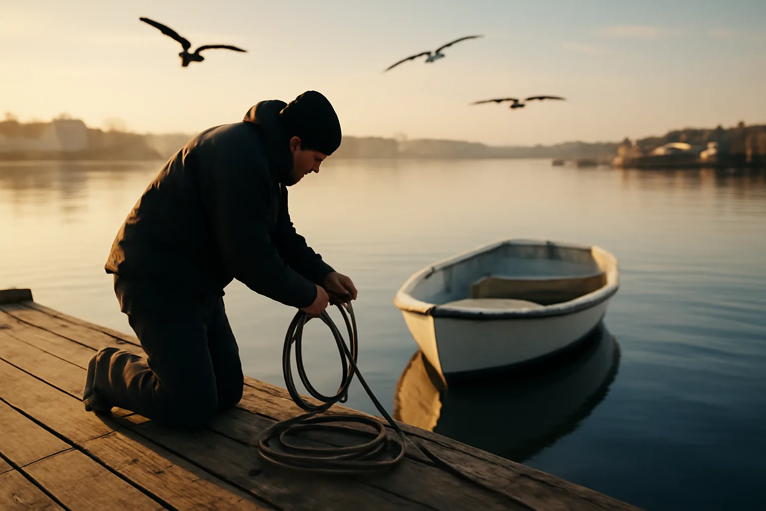 Small six-pack captain boat at a wooden harbor dock at dawn