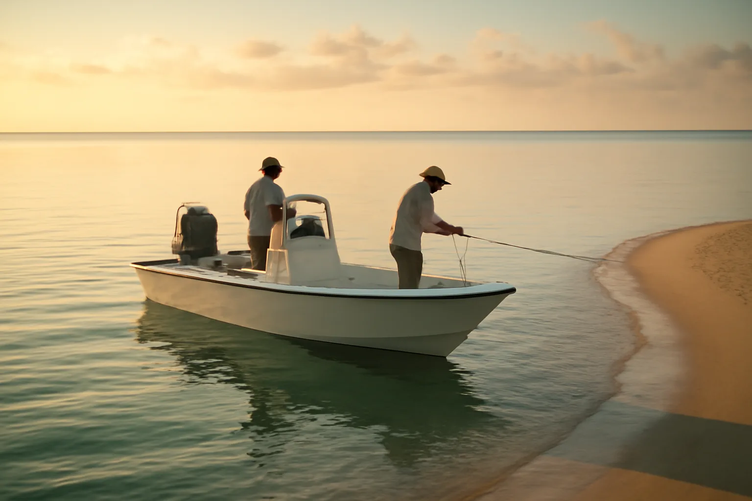 Center-console skiff at sunrise with a six-pack captain at helm