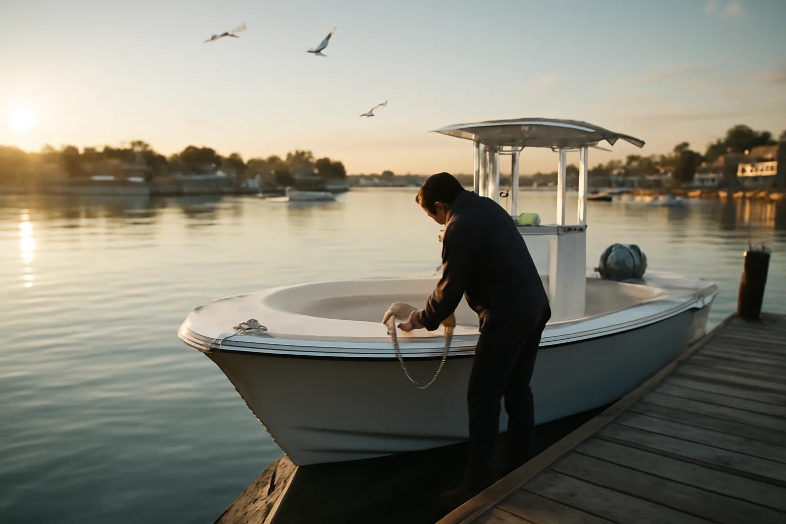 Center-console skiff at dawn, six-pack captain coiling a dock line