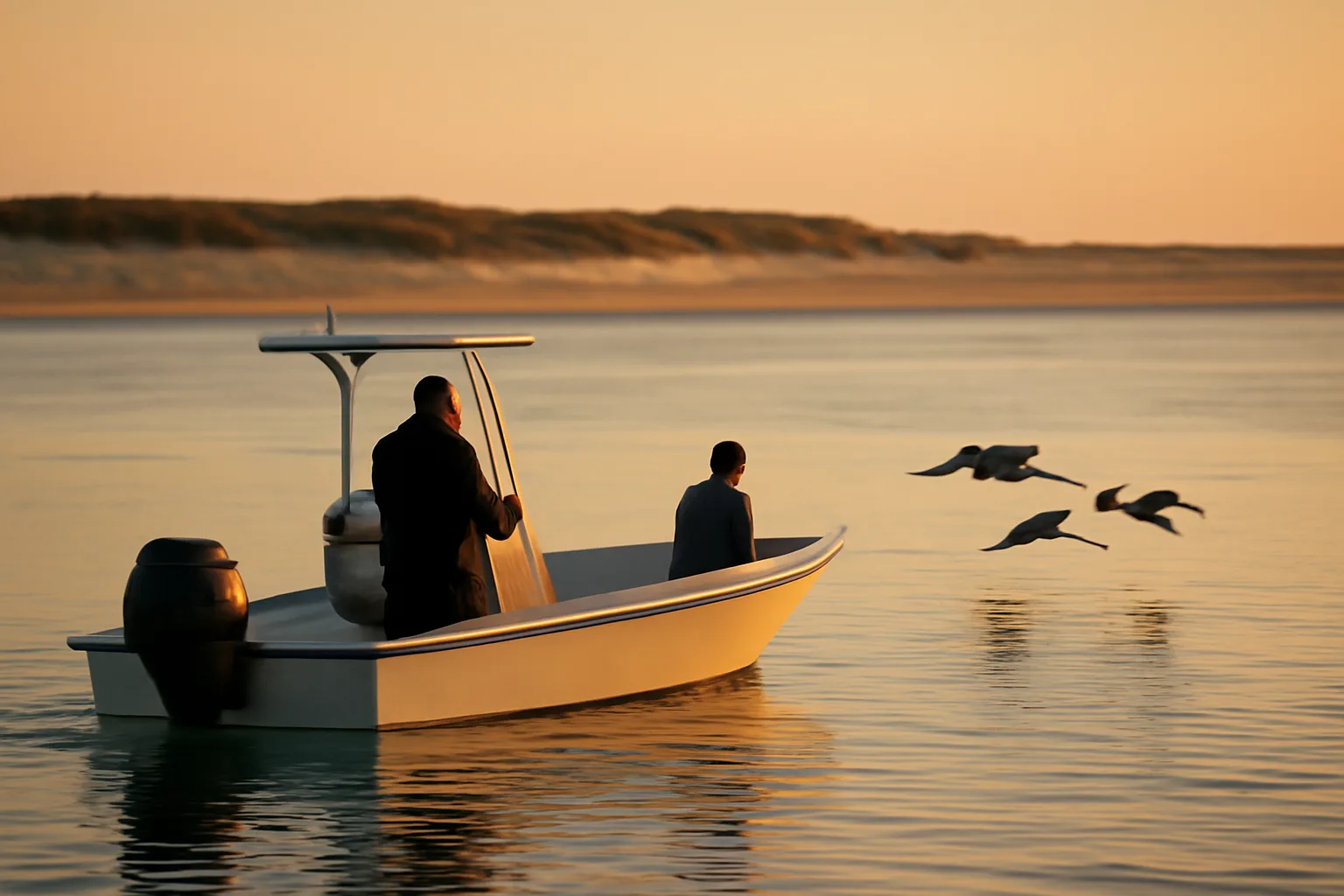 Small center-console boat at sea for six-pack captain work