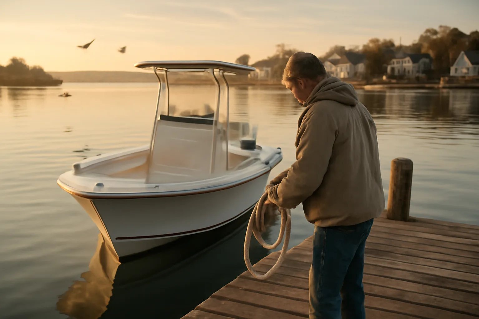 Harbor skiff at dawn with a six-pack captain coiling line