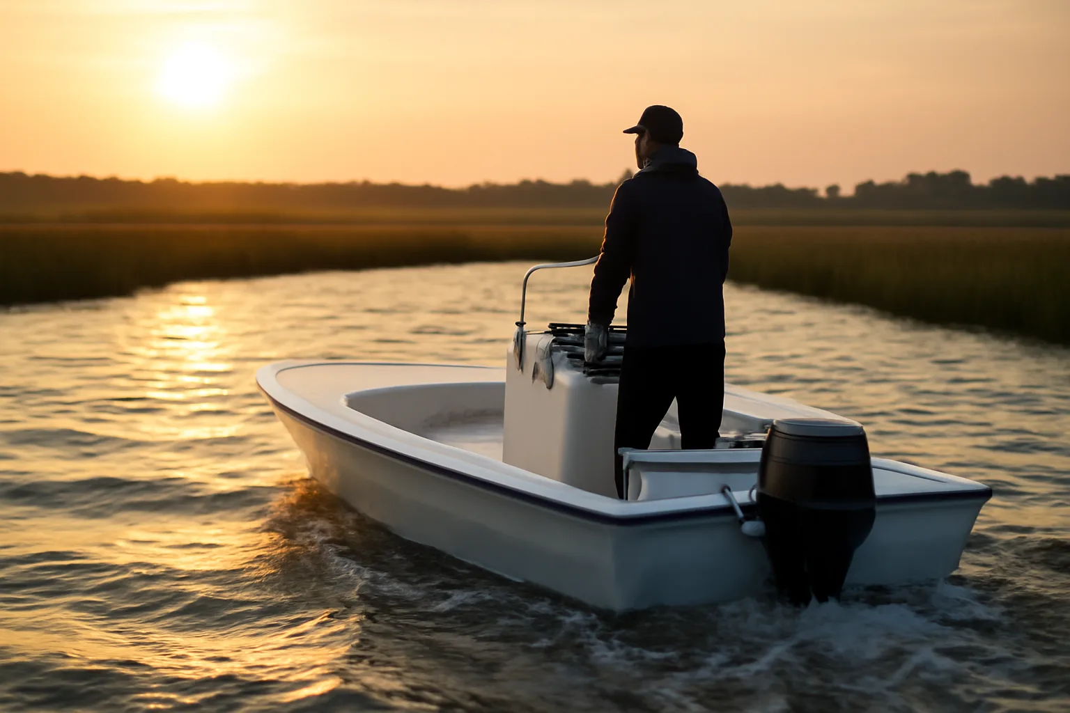 Small open skiff at dawn with six-pack captain at helm