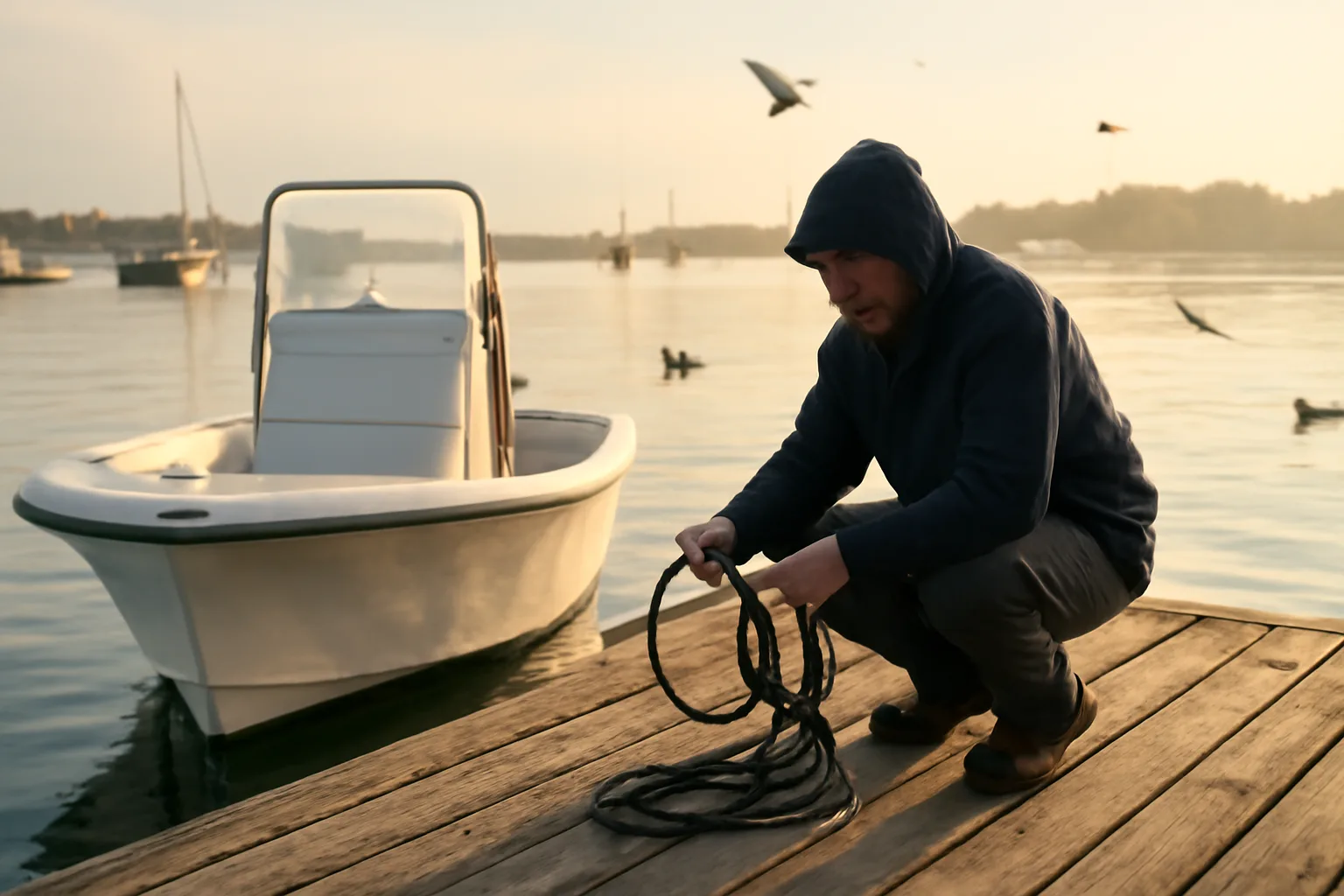 Harbor boat at sunrise with a six-pack captain coiling a line
