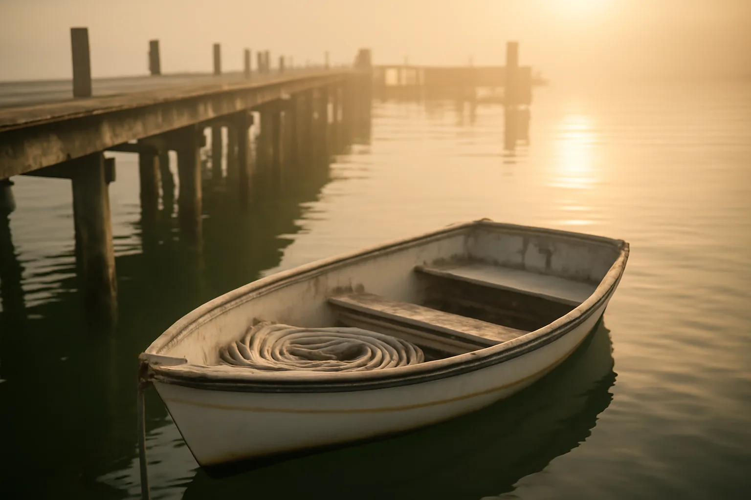 Small open skiff at a foggy pier used by six-pack captains