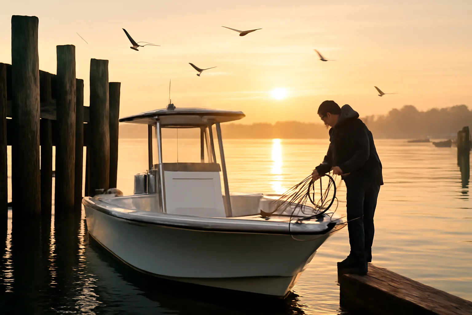 Six-pack captain coiling a dock line on a small harbor skiff