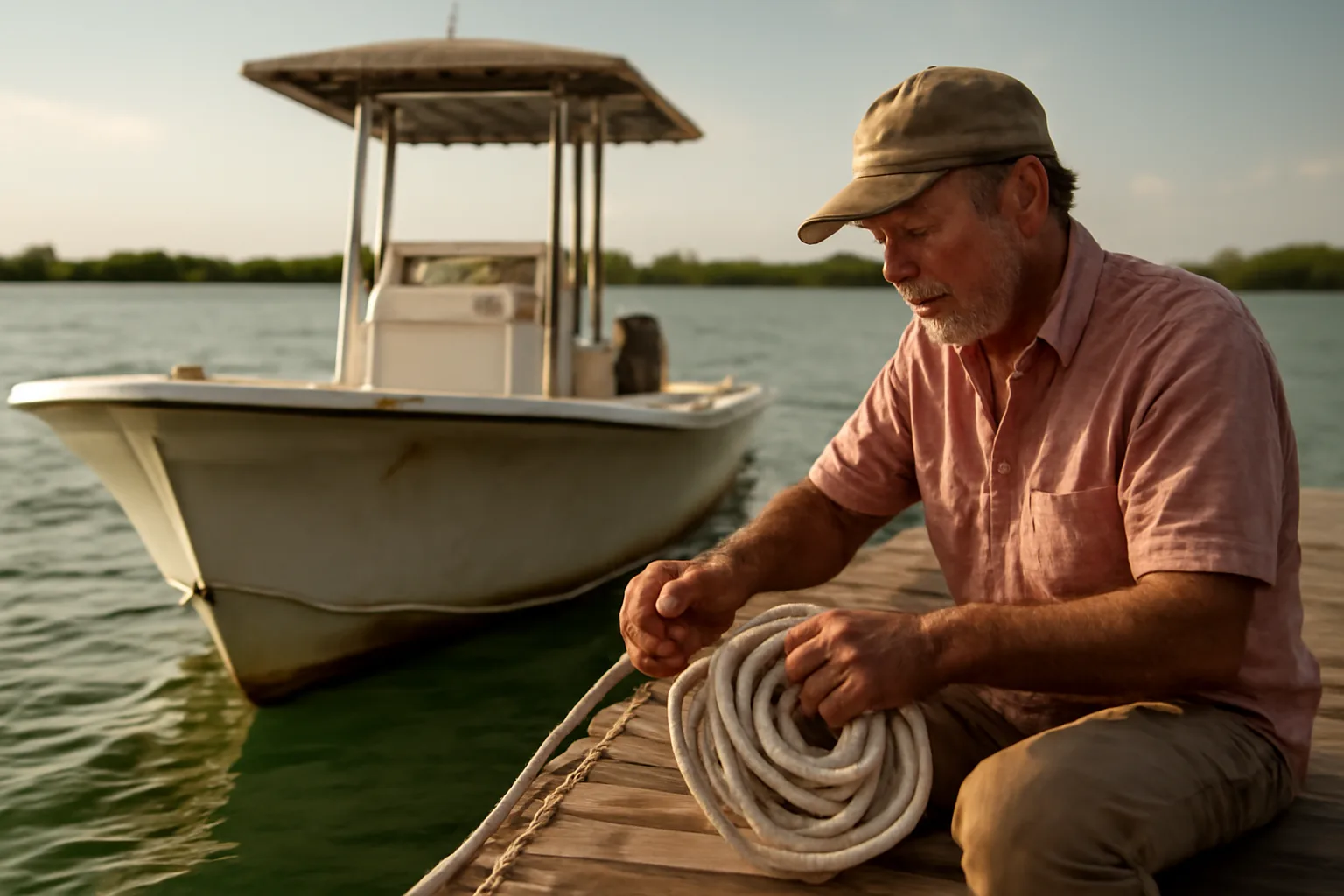 Captain coiling a dock line on a small six-pack skiff