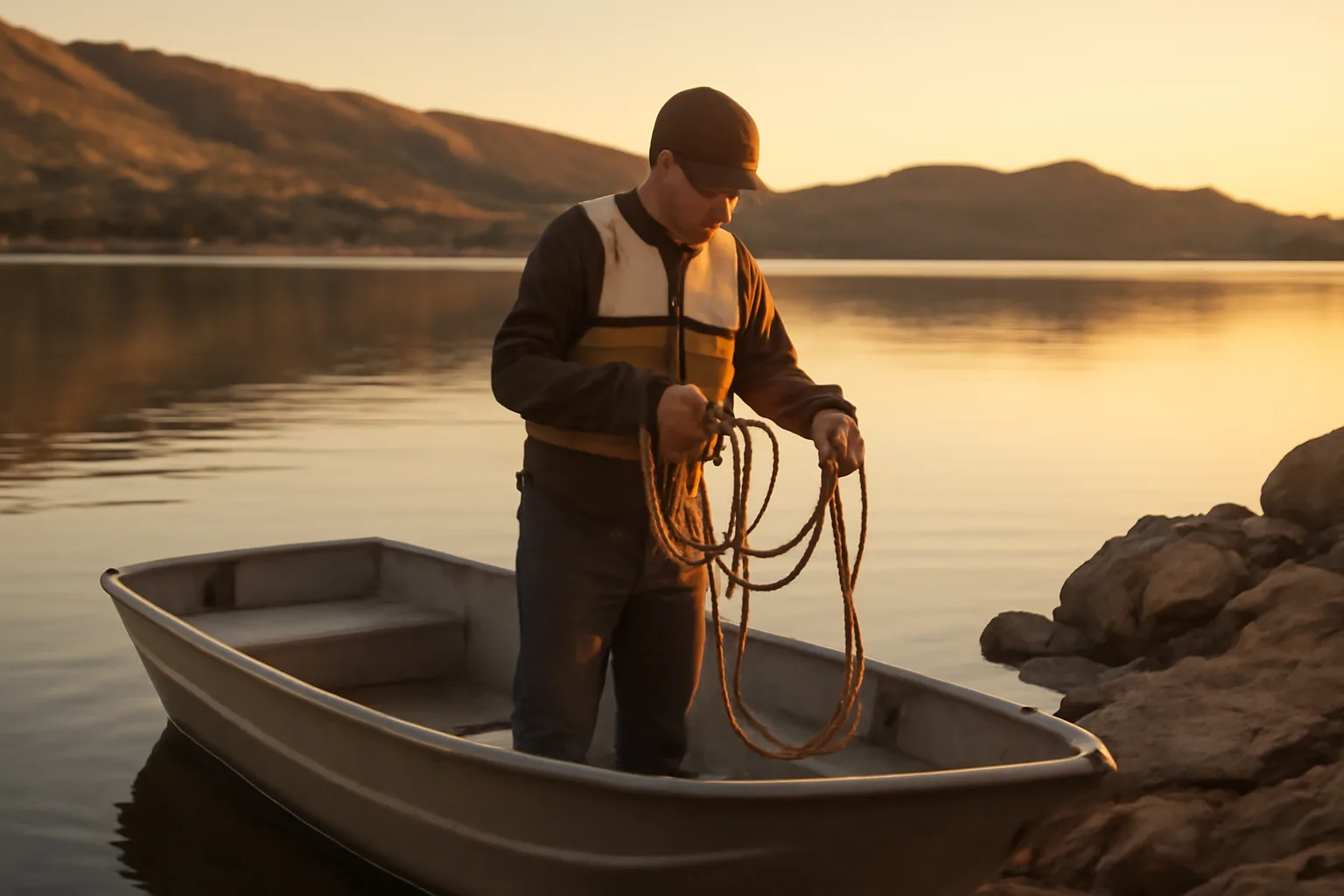 Aluminum skiff at dawn on an Arizona lake for six-pack work