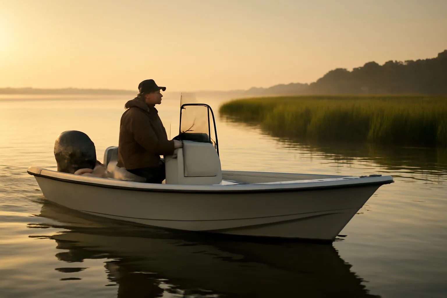 Unmarked skiff on Mobile Bay at sunrise for six-pack work