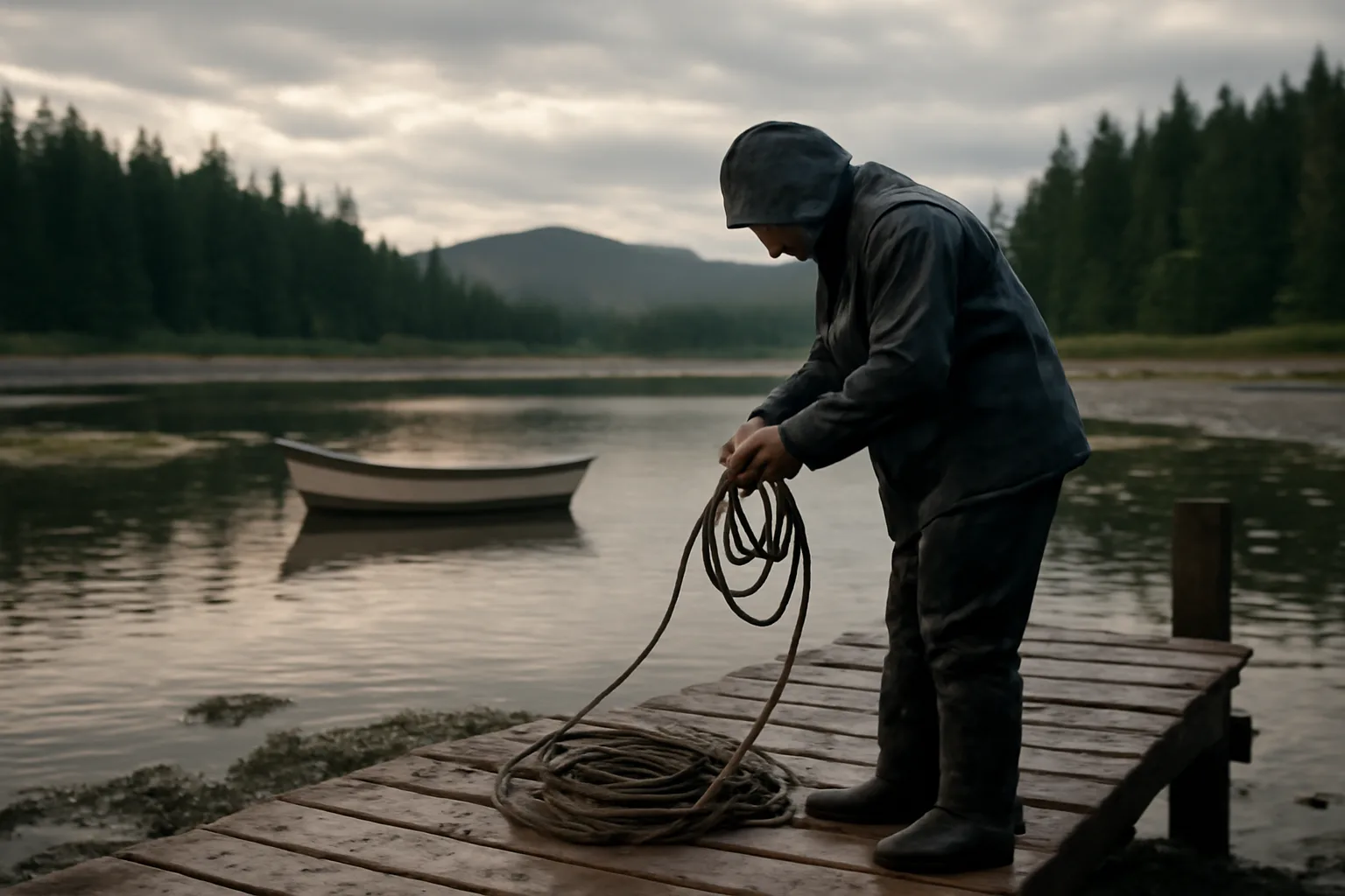 Six-pack captain coils line beside a small Alaska skiff