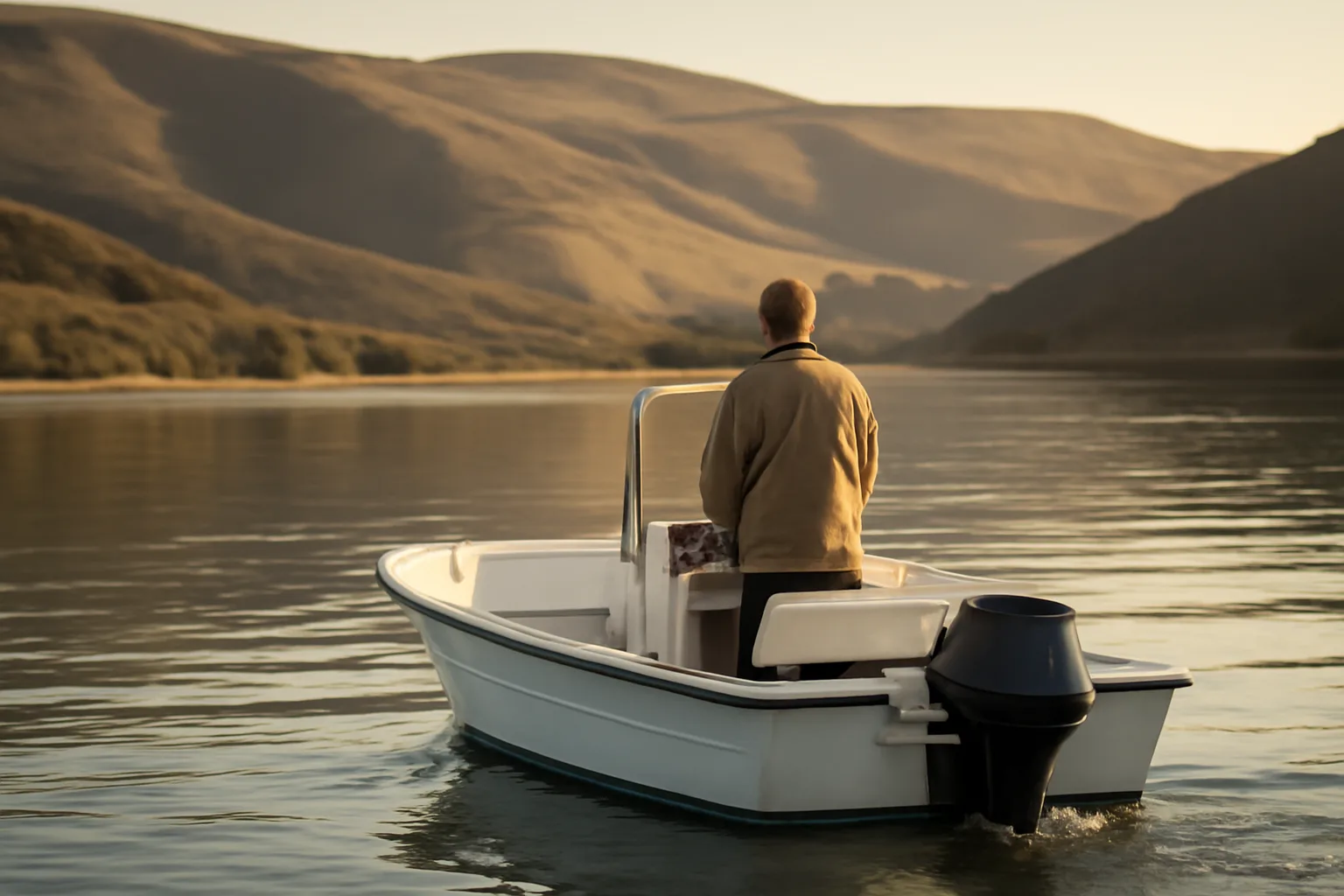 Six-pack captain at the helm in a California cove at sunrise