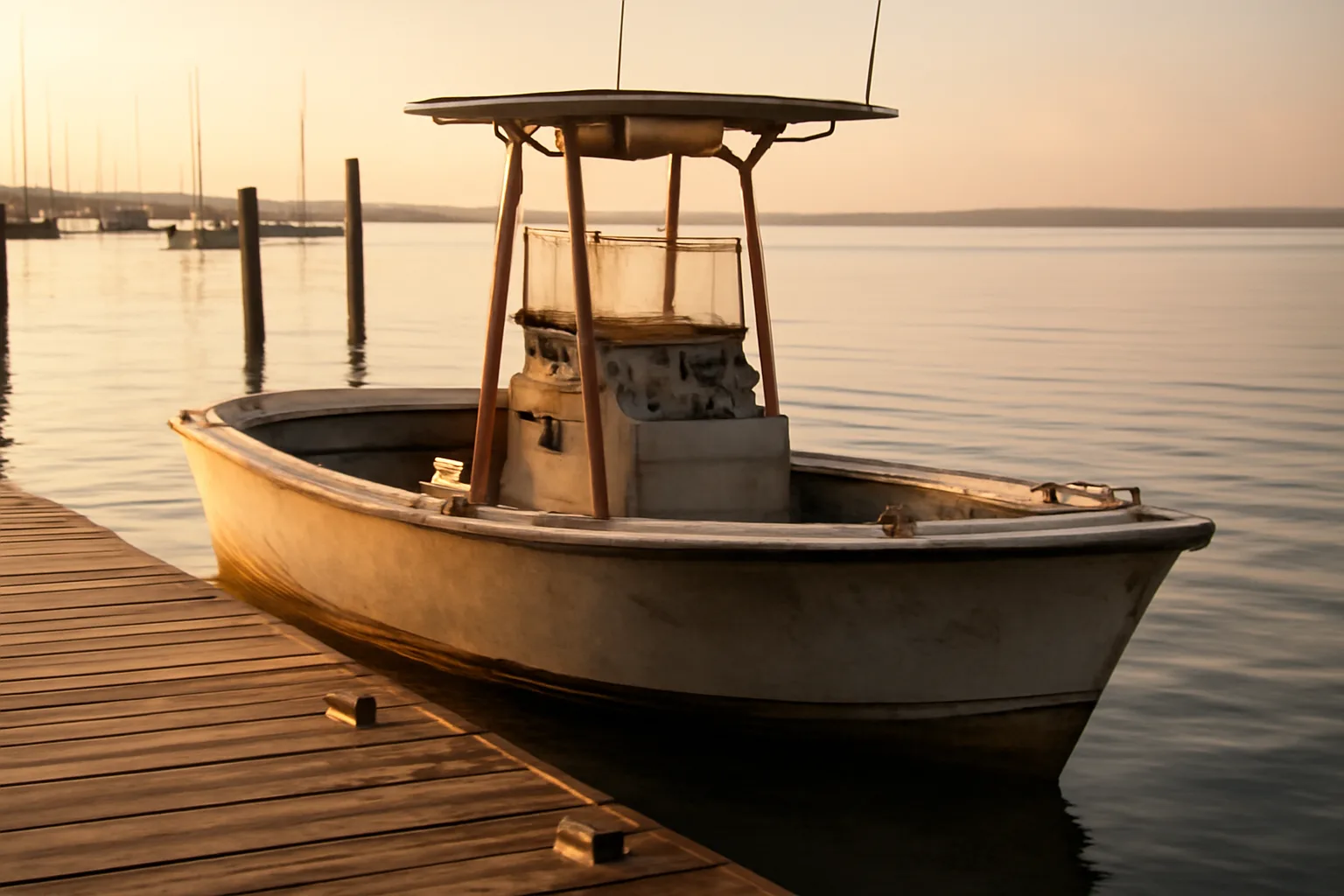 Empty fishing charter boat moored at a Connecticut marina on Long Island Sound at sunrise