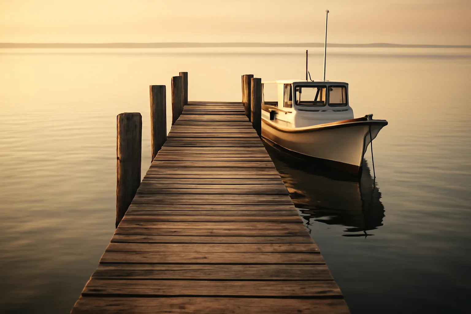 Wooden dock on Delaware Bay at dawn with a small charter fishing boat