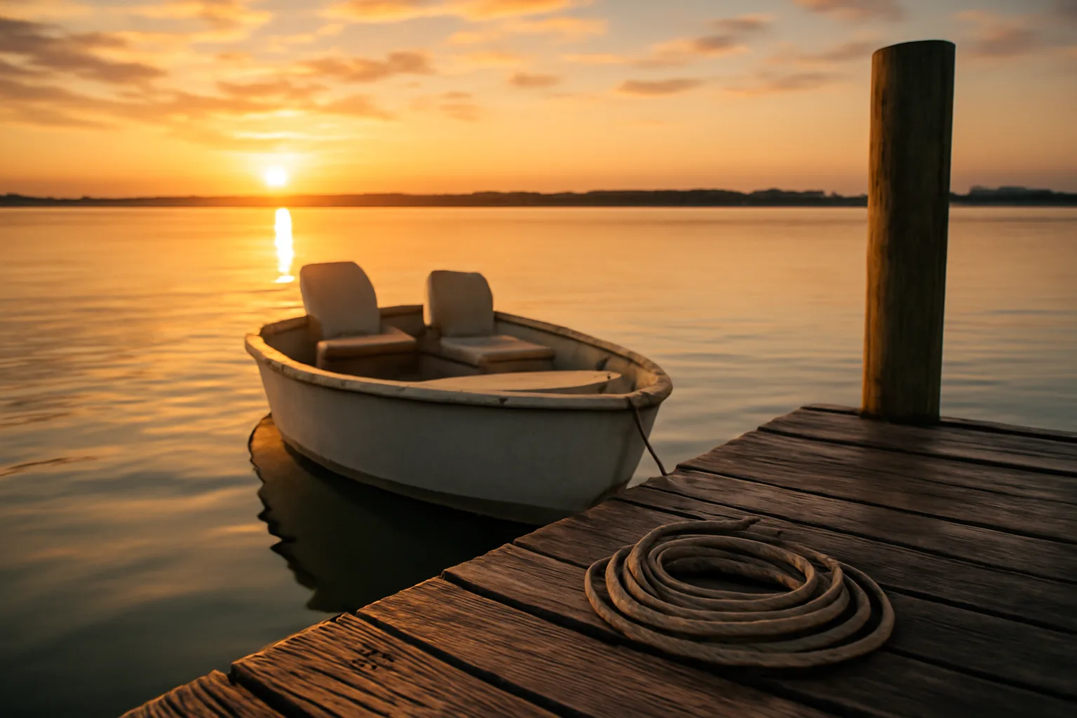 Unmarked small fishing boat at a Florida dock at sunrise