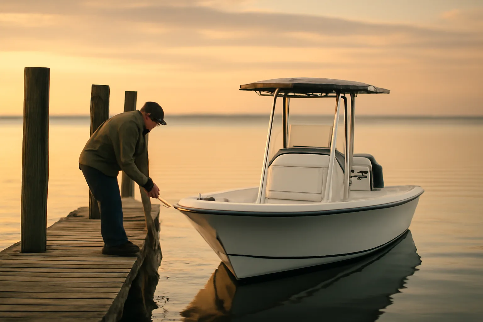 Six-pack captain boat tied at a quiet Alabama bay dock