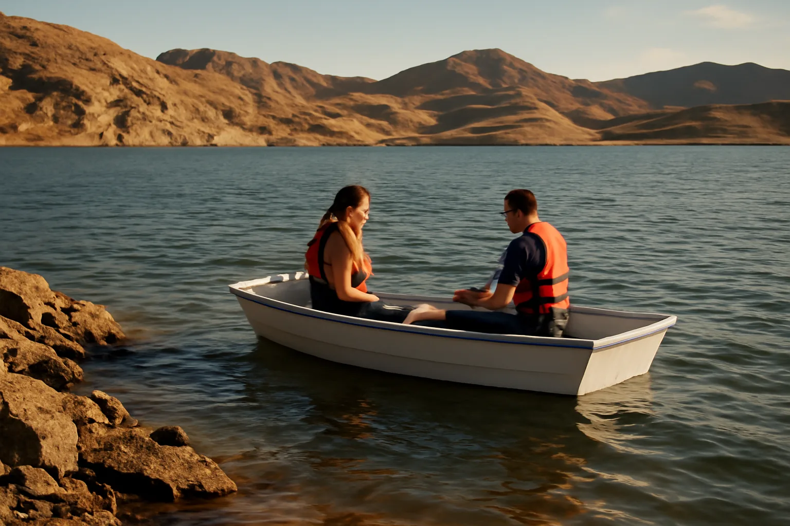 Open skiff on an Arizona lake with two people aboard