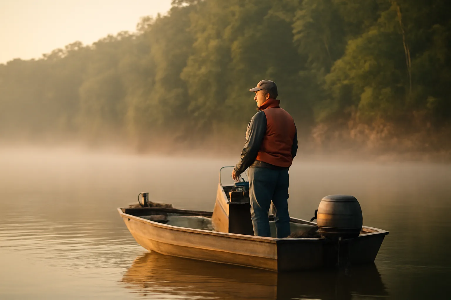 Captain at the helm of a small boat on an Arkansas lake