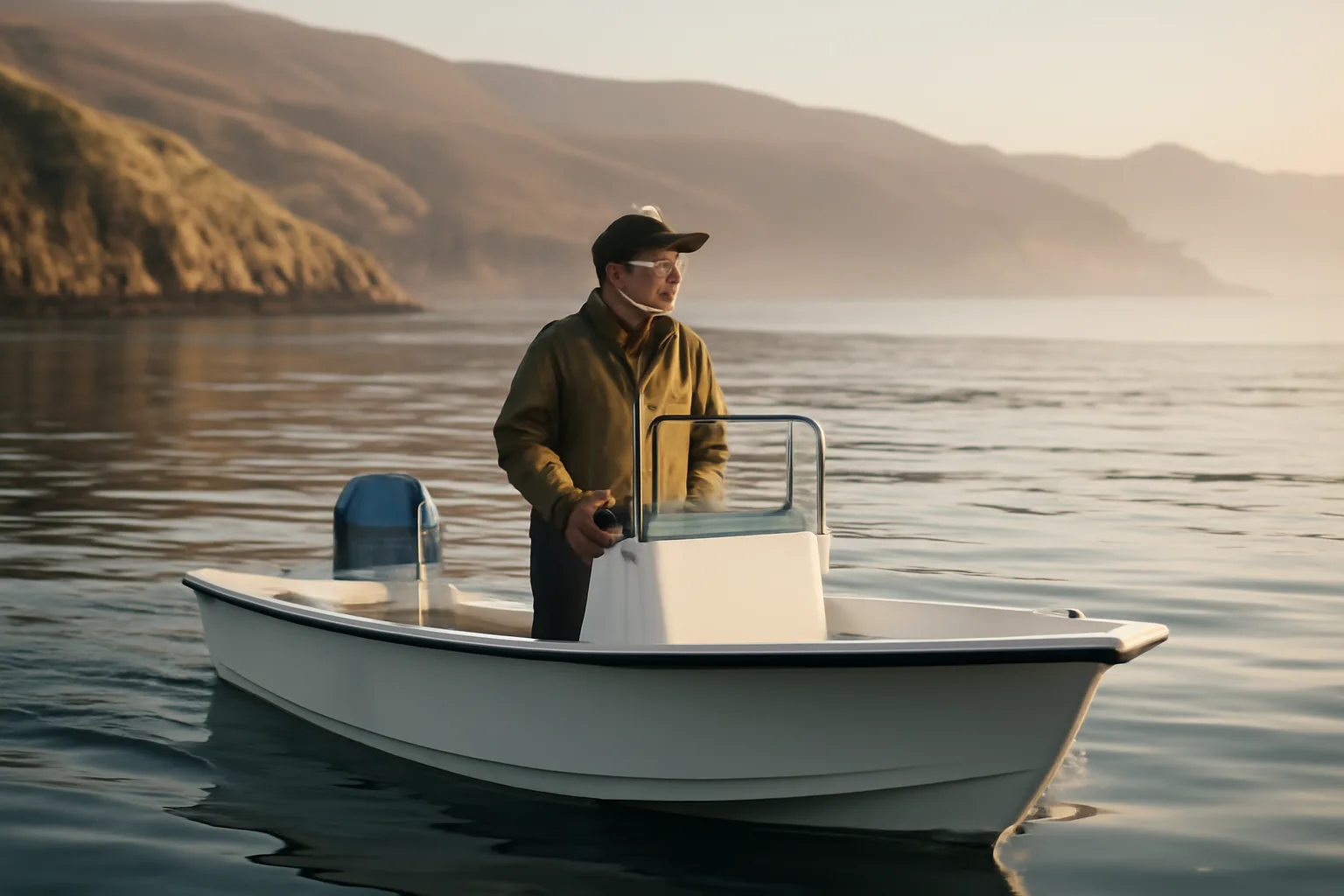 Skipper on a small boat in a California cove at dawn