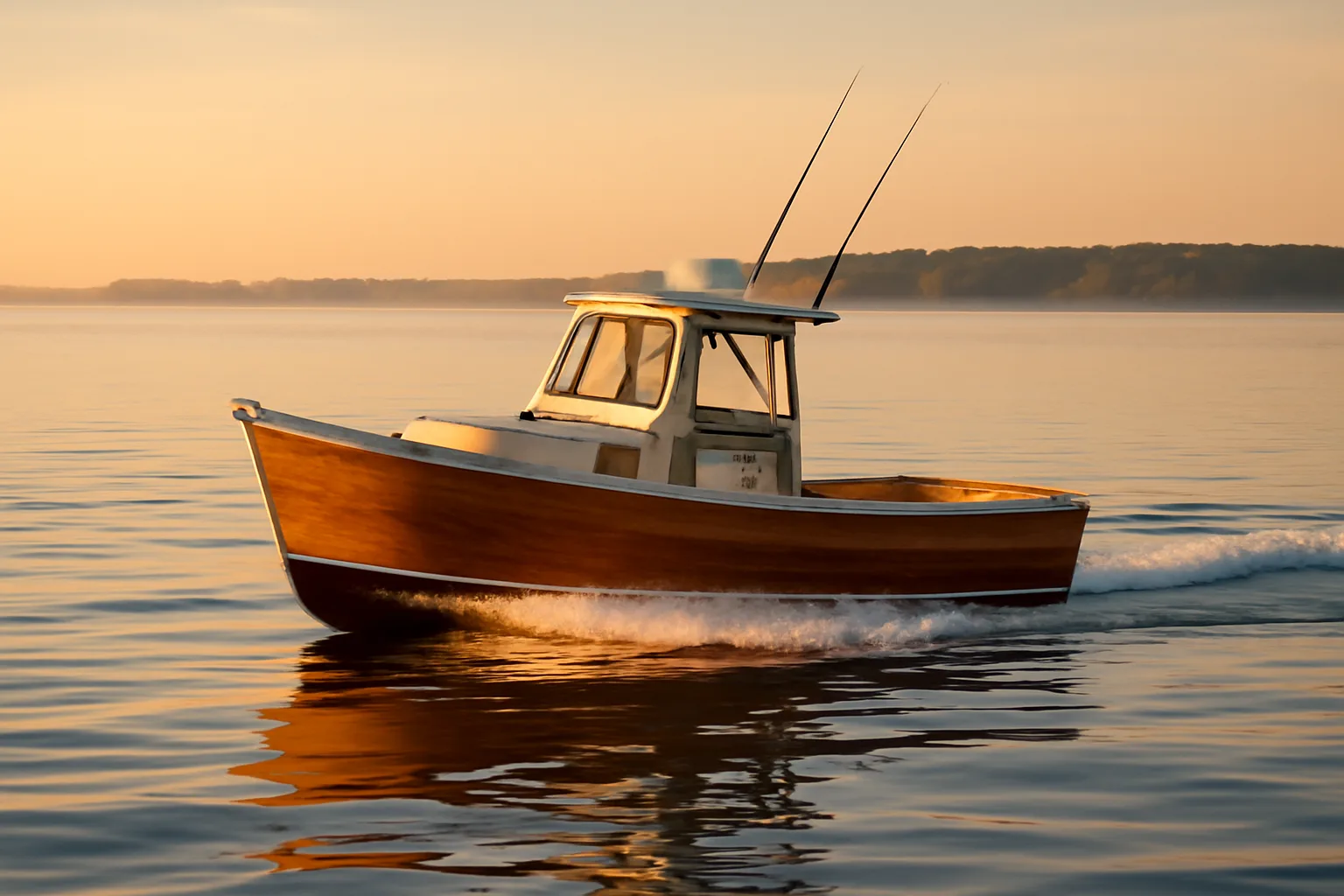 Fishing boat underway on Long Island Sound at dawn near Connecticut shoreline