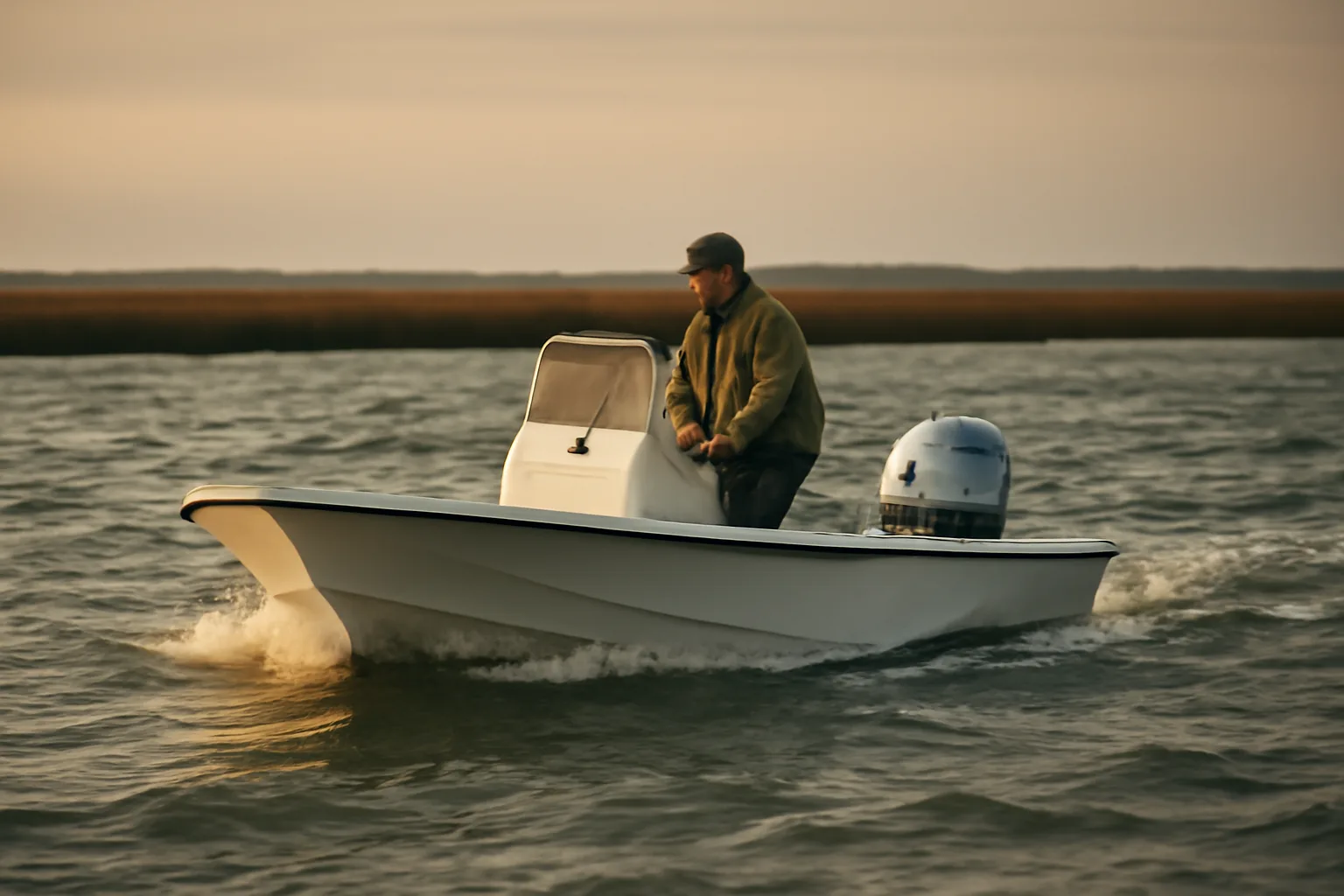Small boat on Delaware Bay with a six-pack captain at helm