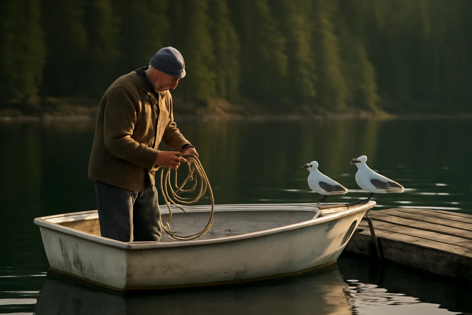 Small skiff at a quiet Alaska cove, six-pack captain prep