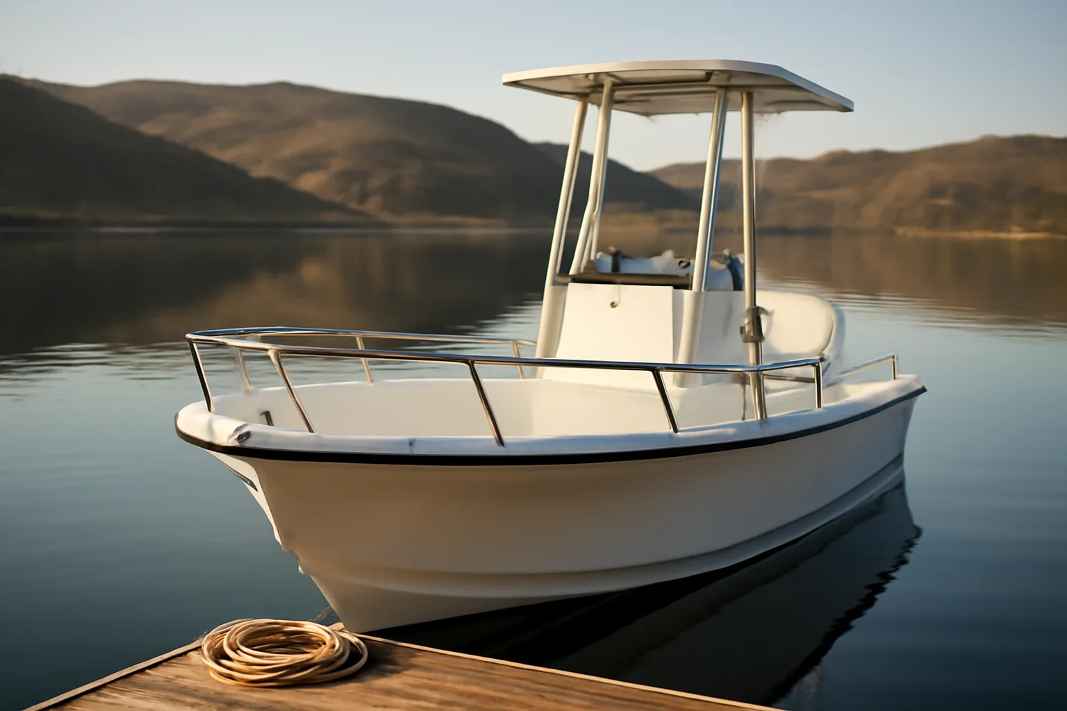 Center-console six-pack boat in a still California harbor at sunrise