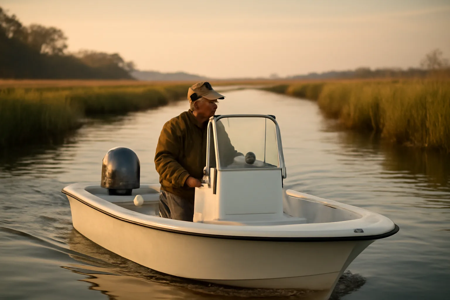 Small skiff leaving a Delaware Bay creek at sunrise