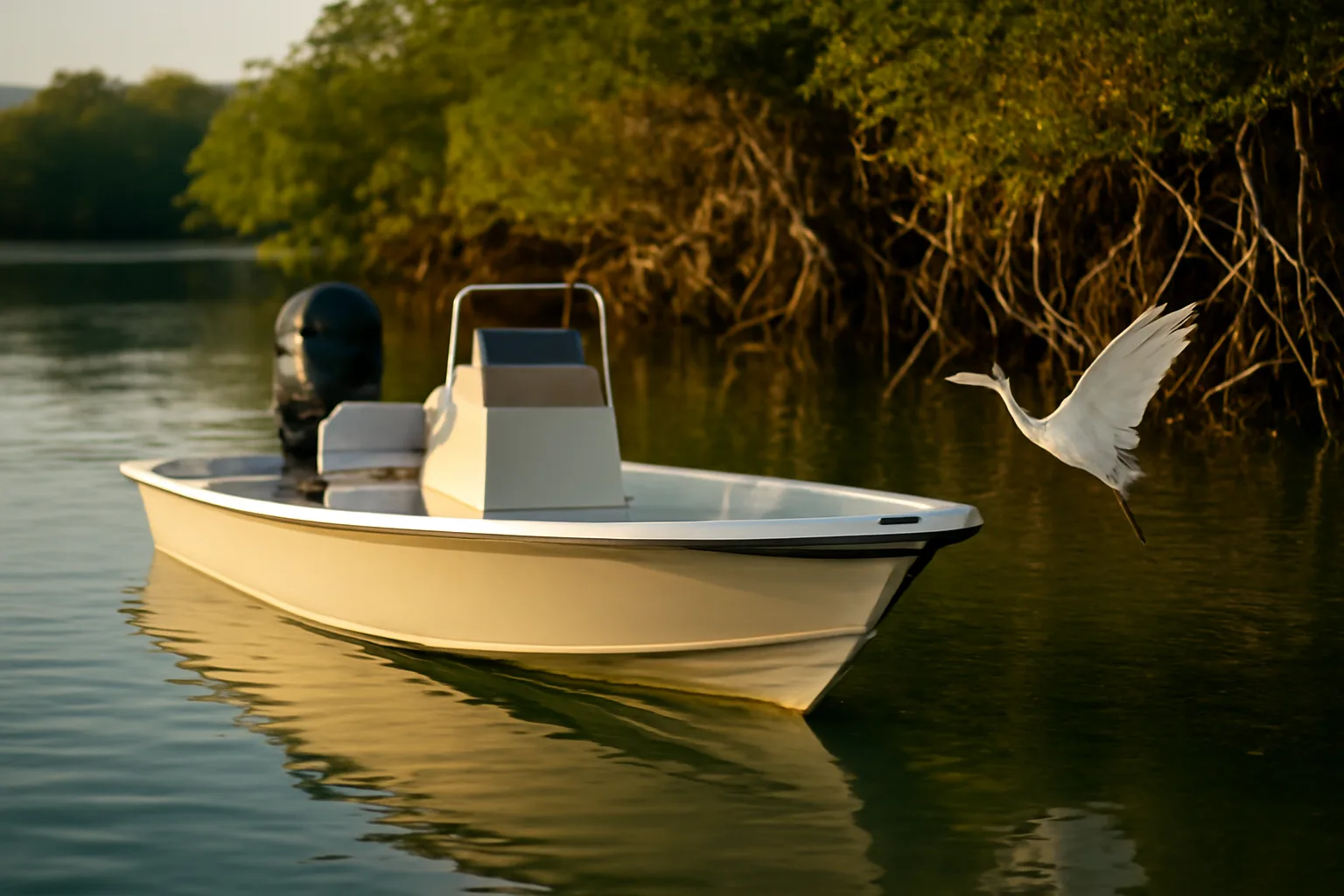 Small Florida skiff at sunrise near mangroves for six-pack work