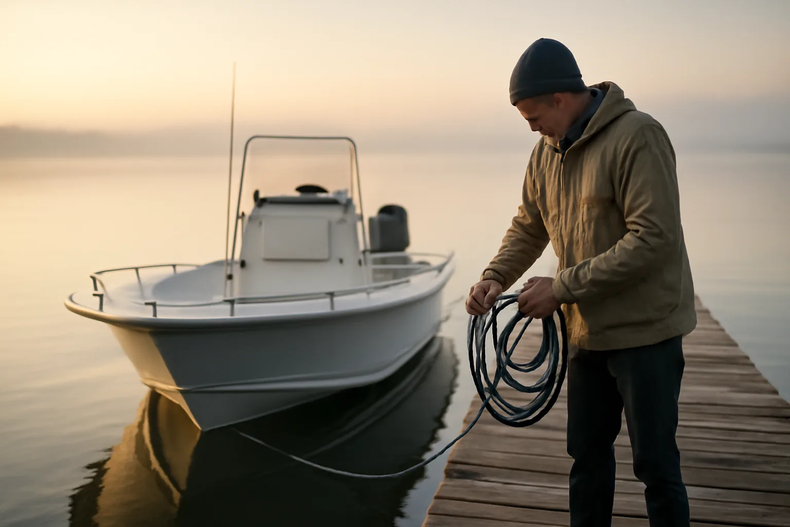 Captain coiling a line on a Mobile Bay six-pack boat