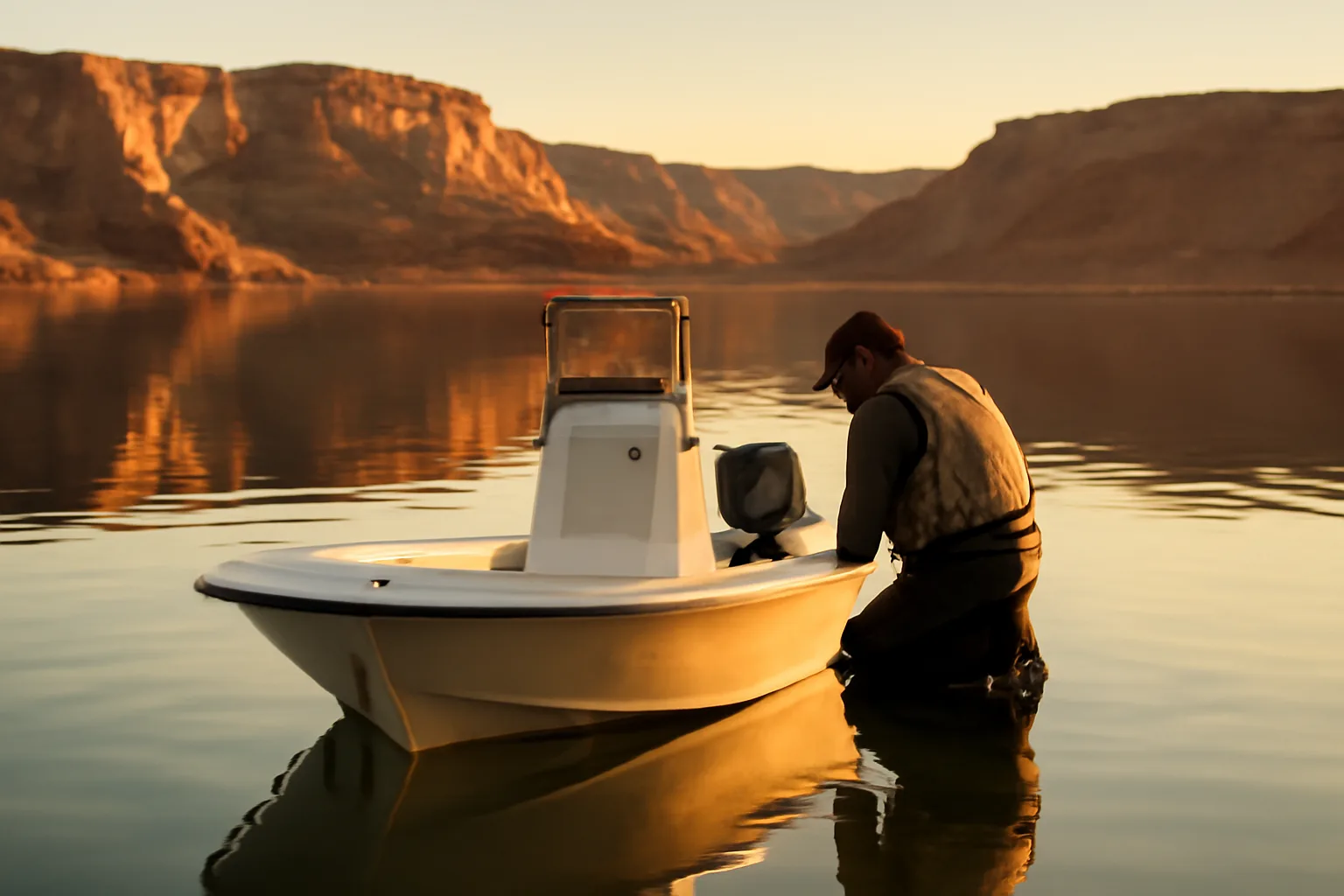 Six-pack captain checks a small skiff on an Arizona lake
