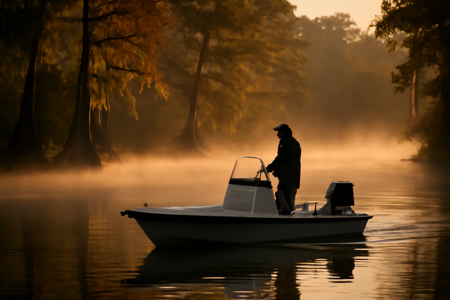 Center console skiff on an Arkansas river at dawn for six-pack captain work