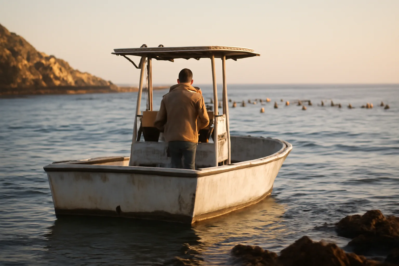 Small six-pack charter boat off the California coast at sunrise