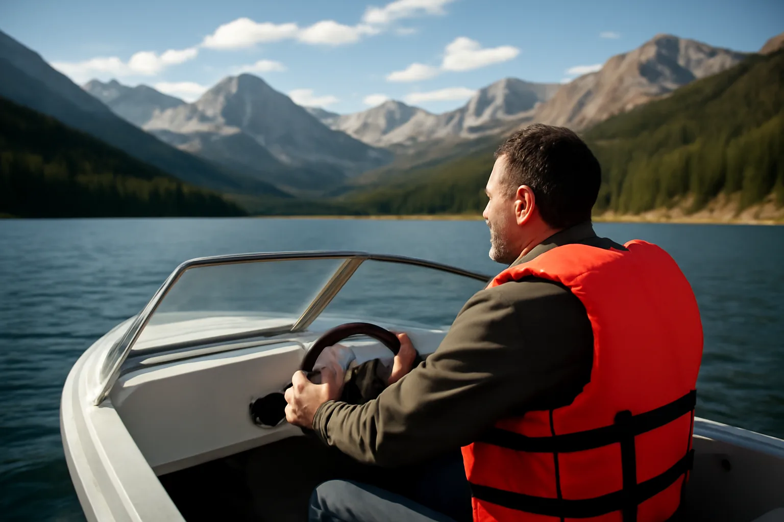 Six-pack captain at the helm of a small motorboat on a Colorado mountain reservoir