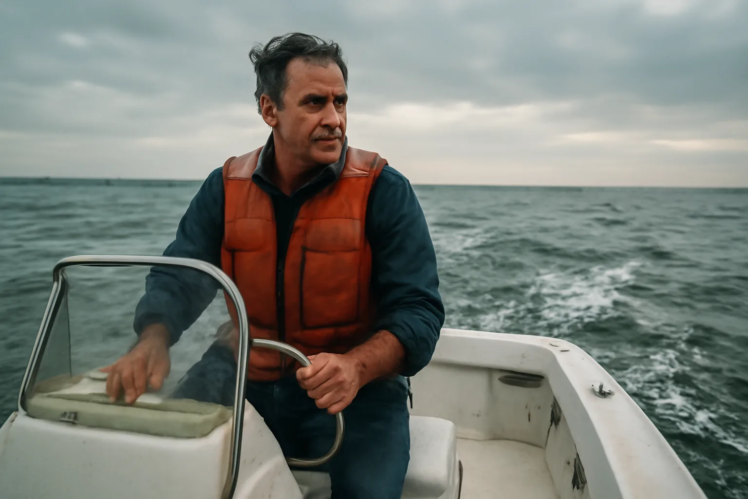 Connecticut boat captain at the helm on Long Island Sound overcast afternoon