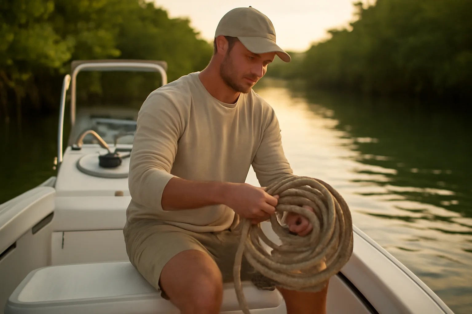 Captain coiling a line on a Florida six-pack boat