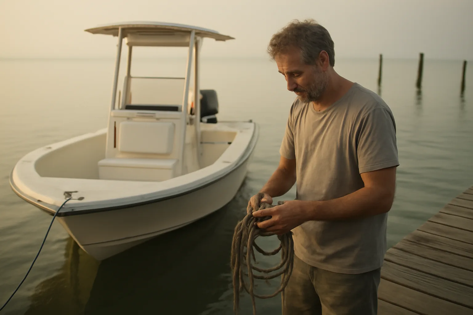 Alabama six-pack captain coils a line on Mobile Bay