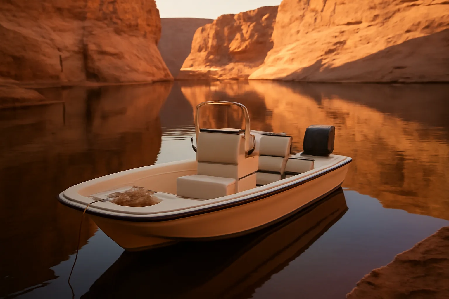 Empty skiff at sunrise on Lake Powell for six-pack work