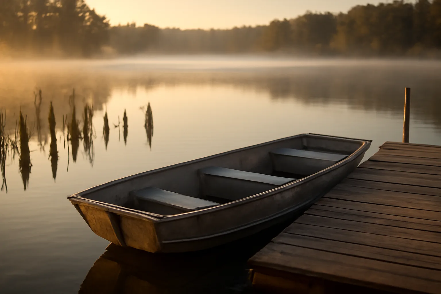 Small fishing boat tied at a quiet Arkansas lake dock