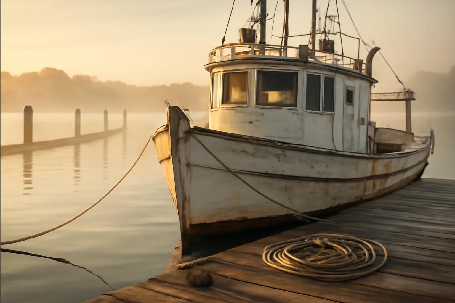 Charter fishing boat moored at a California harbor dock in early morning mist