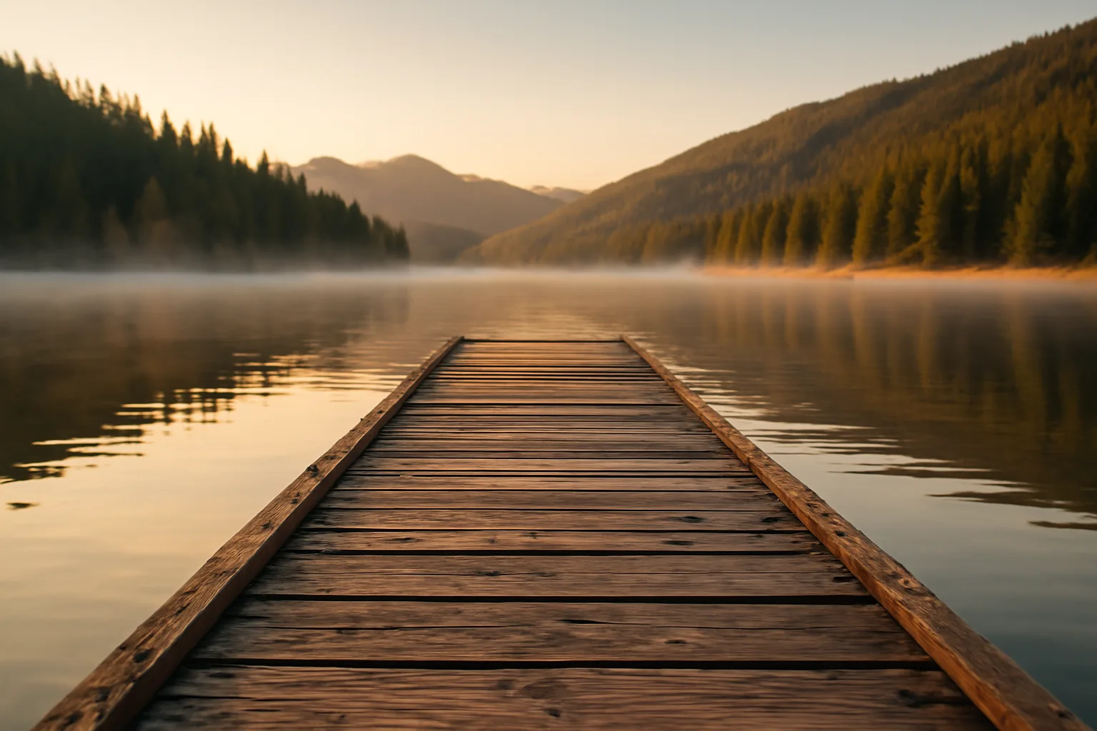 Wooden dock extending into a misty Colorado mountain reservoir at dawn