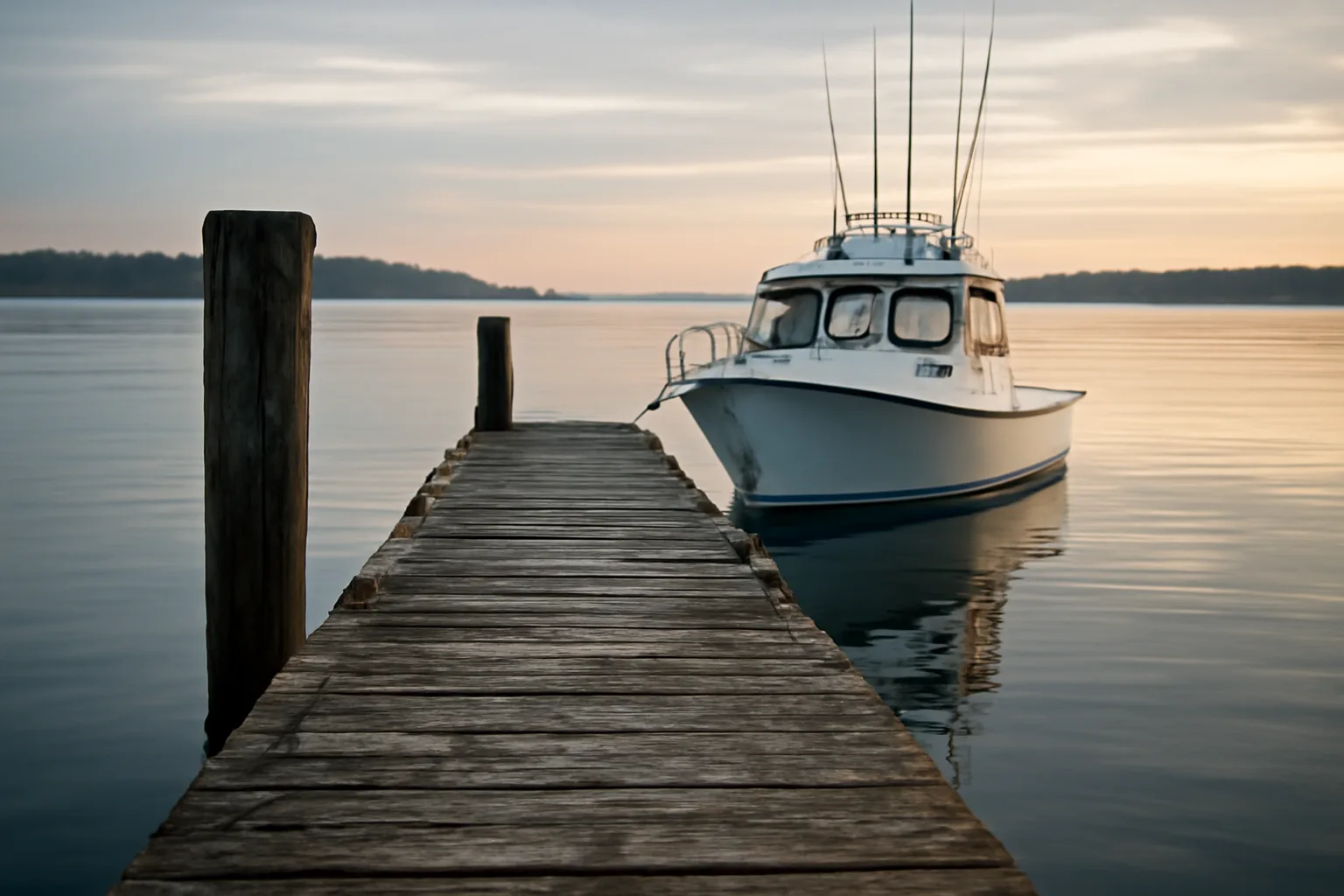 Fishing charter boat moored at a Connecticut dock on Long Island Sound at sunrise