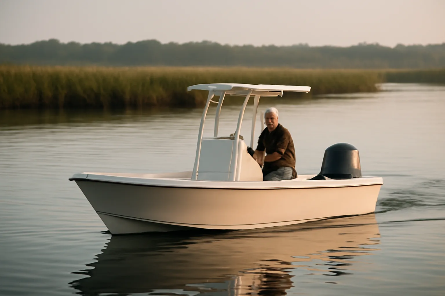 Captain at the helm of a small Delaware charter boat at sunrise